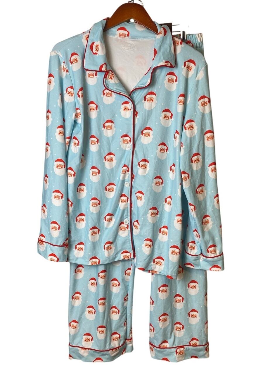Sugar Bee Clothing Light Blue Santa Pajama Set Top and Pant Women's Size Medium